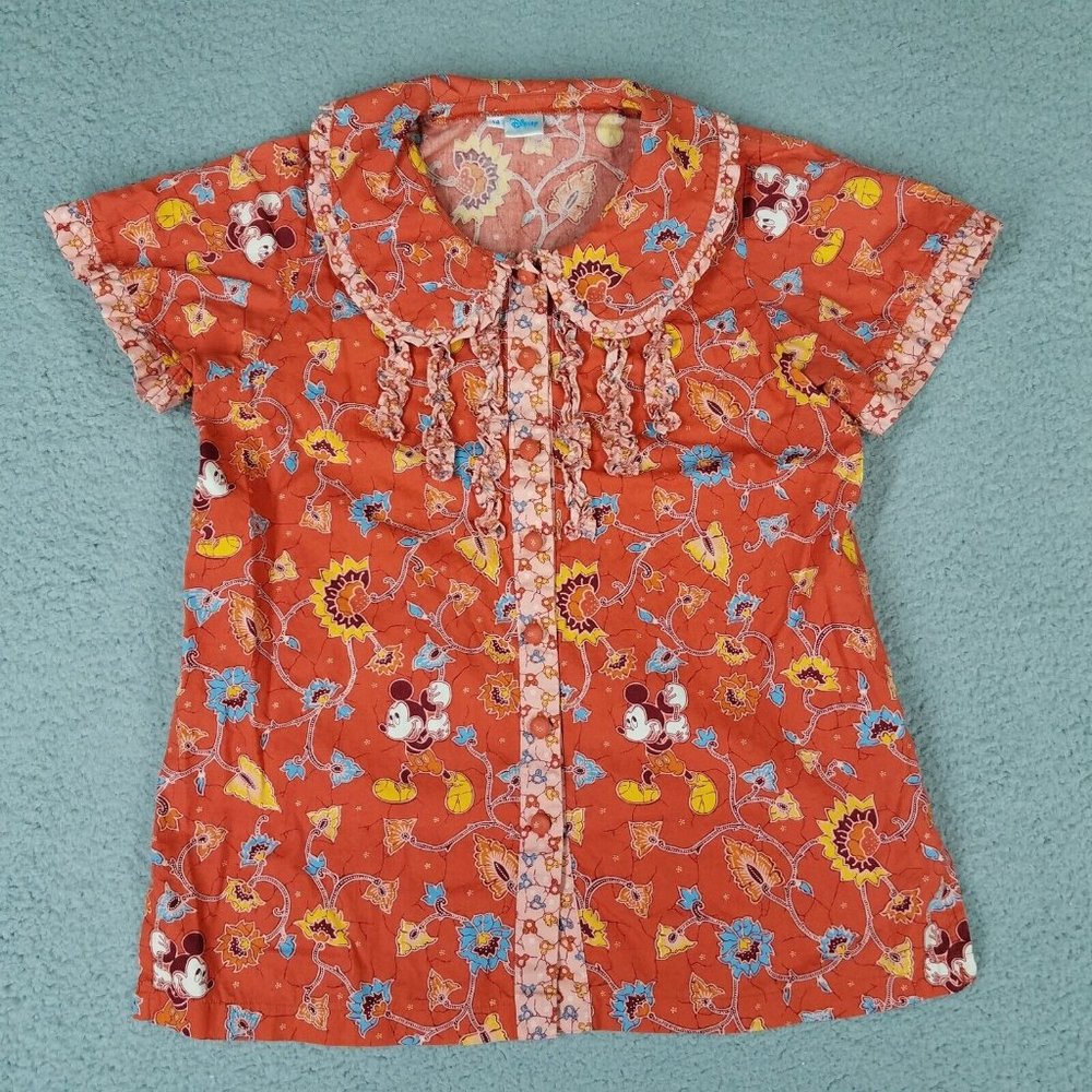 Disney Shirt Girl's Kid's 14 Orange Button Front Mickey Mouse Floral Ruffles